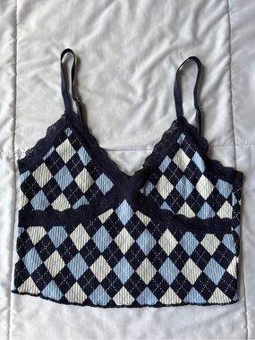 Divided Argyle Lace Trim Cropped Tank Top in Navy, Light Blue, Cream